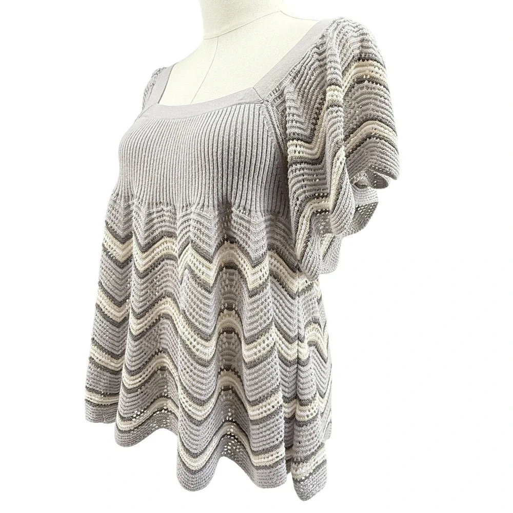 Y2K Free People Women's‎ Crochet Knit Top Large Grey Chevron Square Neck Boho